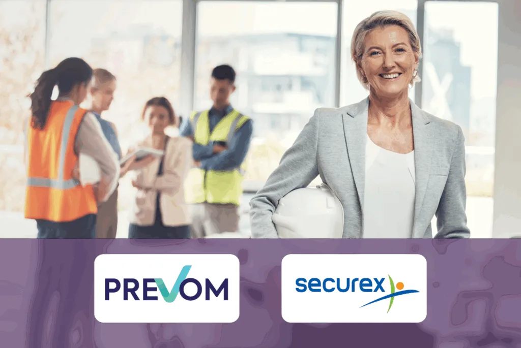 Samenwerking tussen Prevom en Securex, weergegeven met medewerkers op de werkvloer en gezamenlijke branding.