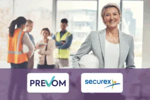 Samenwerking tussen Prevom en Securex, weergegeven met medewerkers op de werkvloer en gezamenlijke branding.