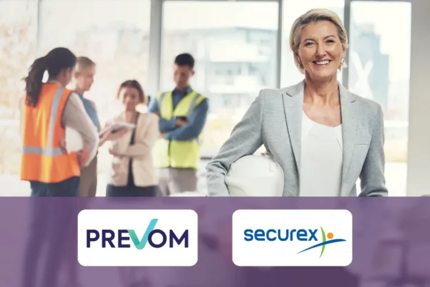 Samenwerking tussen Prevom en Securex, weergegeven met medewerkers op de werkvloer en gezamenlijke branding.
